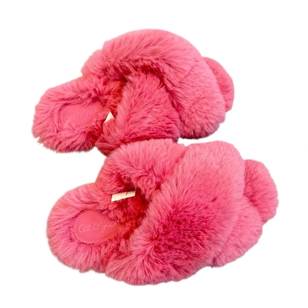 Cat & Jack Pink Fur Open-Toe Brooklyn Slippers Like New Size S-1